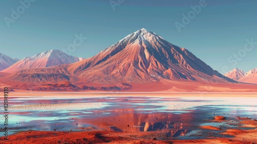 Red volcanic mountains and blue salt lakes beautiful nature background