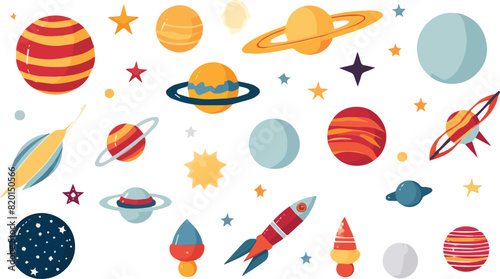 Set of planets, stars and rockets. Vector illustration in cartoon style.