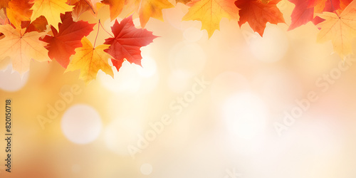 Autumn forest background with falling leaves golden red orange sunlight shadow on lighted background 