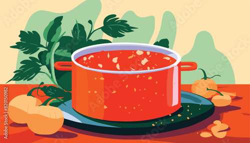Cooking soup in a pot on the table. Vector illustration.