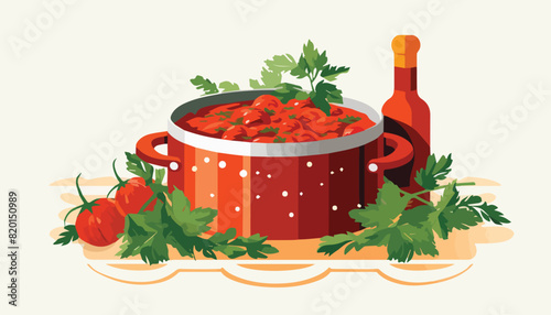 Saucepan with tomato sauce and parsley. Vector illustration