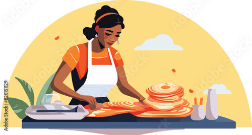 Woman in apron making pancakes. Flat vector illustration of a woman making pancakes.