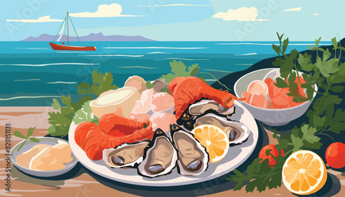 Seafood platter with shrimps and mussels on the beach. Vector illustration