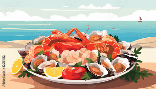 Seafood platter on the beach. Vector illustration in flat style