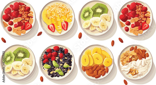 Healthy breakfast bowl with oatmeal, banana, strawberries, kiwicot. Vector illustration