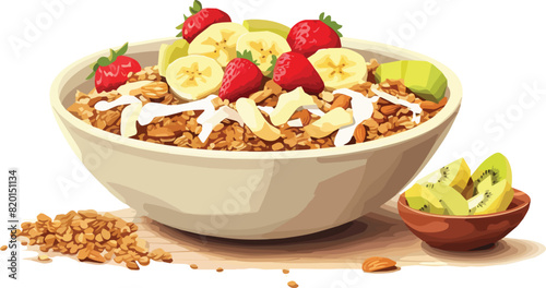 Illustration of a bowl of granola with strawberries and bananas on a white background