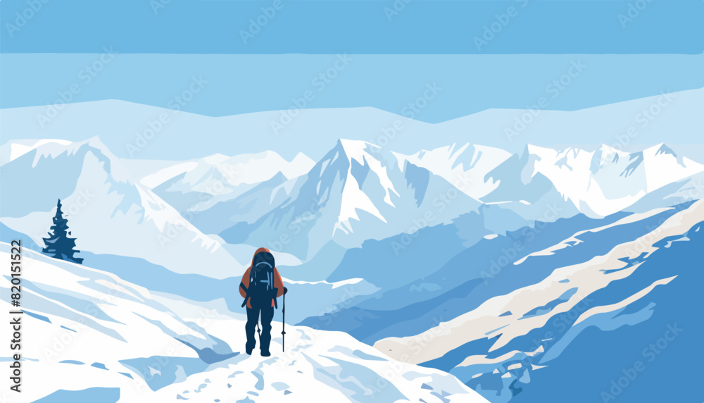 Hiker with backpack and snowshoes in the mountains. Vector illustration. Hiker with backpack and snowshoes in the mountains. Vector illustration.