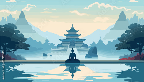 Landscape with pagoda and temple. Vector illustration in flat style