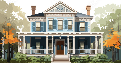 Vector illustration of a beautiful old house in the park. Front view.