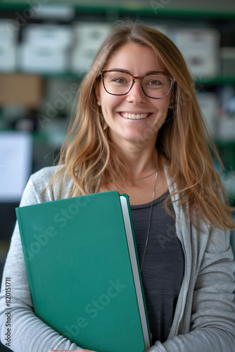 Smiling teacher with documents in hands. College education school concept