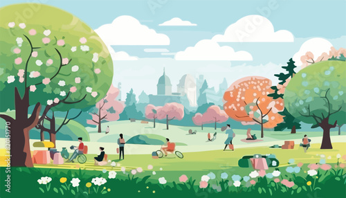 Vector illustration of a park with people, trees and flowers in spring