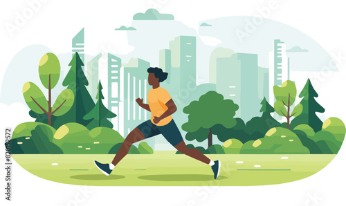 Young african american man jogging in city park. Sport and healthy lifestyle vector illustration.