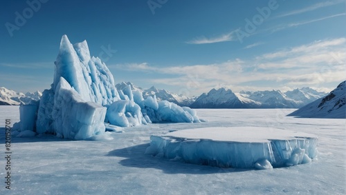 Ice Podium Background with Snow and Winter Product Platform in Cold Mountain 3D Scene, Featuring Frozen White Glacier and Cool Minimal Rock Stand for Cosmetic Displays © Mr
