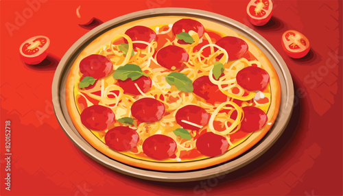 Pizza with mozzarella, tomatoes and basil. Vector illustration