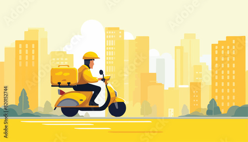 Delivery man in helmet riding scooter. Vector illustration in flat style