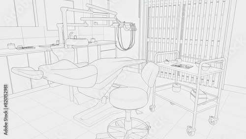 Concept outline sketch drawing of empty dentist clinic office interior with dental unit - comfortable chair and modern equipment. Dentistry surgery room - black and white line art 3D illustration.