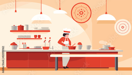 Vector illustration of a chef in the kitchen. Flat style design.