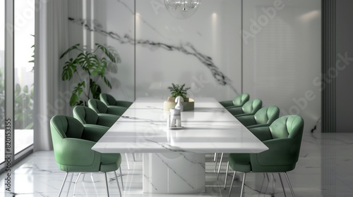 Comedor contemporáneo con mesa de mármol blanco y sillas verdes, decoración elegante y minimalista