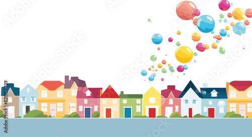 Cityscape with colorful balloons and houses. Vector illustration. Eps 10.