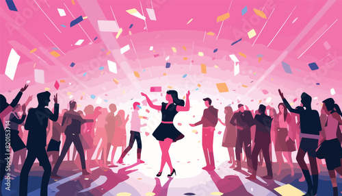 Crowd of dancing people with confetti and confetti. Vector illustration.