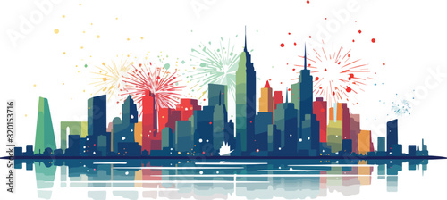 New York City Skyline with Fireworks and Reflection, Vector Illustration