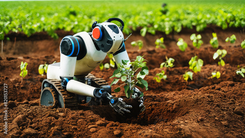 A humanoid robot planting a tree  use of modern technology and AI in agriculture green environment 