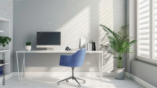 Oficina en casa con escritorio blanco y silla azul  espacio de trabajo moderno y minimalista