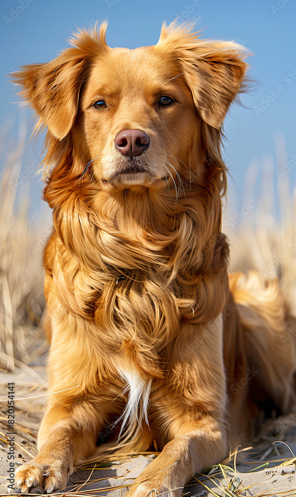 Golden retriever lying on sandy beach with blue sky background. Outdoor pet photography for design and print