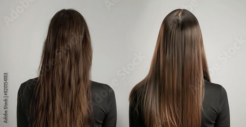 Woman before and after hair treatment, back view. Collage showing damaged and healthy hair on a neutral background
