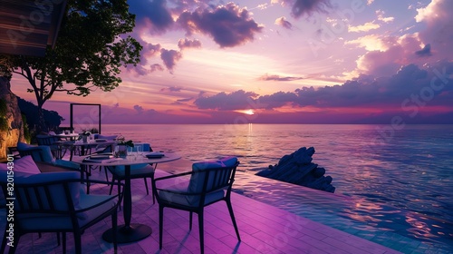 View of the seascape at dusk  surrounded by an infinity pool and dining area. Idea for a romantic tropical holiday for two people. Romance  food  and chairs