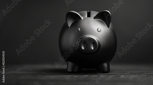 A black piggy bank sits on a table contrasting against a dark backdrop leaving ample space for an image