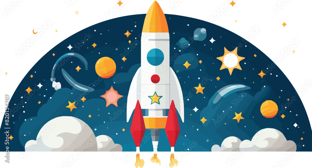 Rocket flying in space. Vector illustration. Flat design. Space exploration concept. Rocket flying in space. Vector illustration. Flat design. Space exploration concept.
