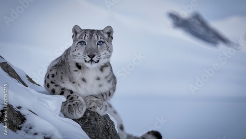 a close-up of a snow leopard camouflaged in the snowy terrain, emphasizing its piercing stare