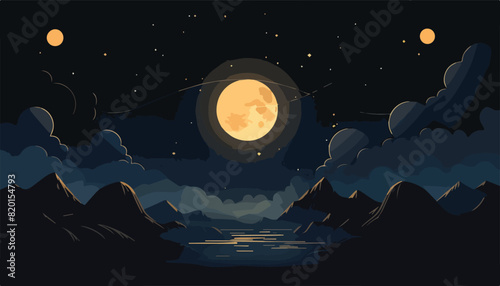 Night landscape with moon and mountains. Vector illustration in flat style.