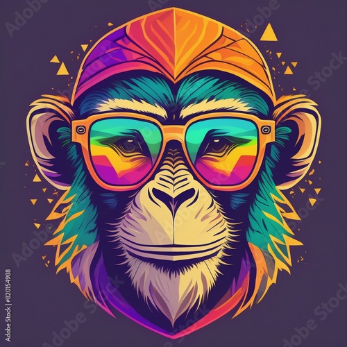 tête de singe en sticker très coloré, avec des lunettes de soleil 80's en ia