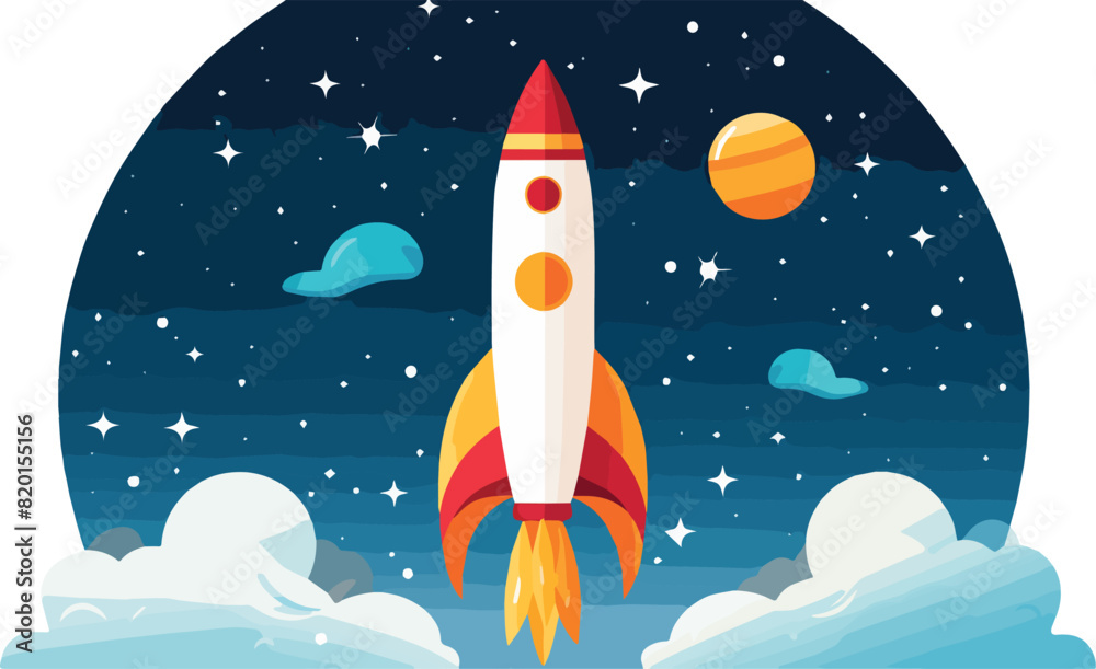 Rocket flying in the night sky with stars and planets. Vector illustration Rocket flying in the night sky with stars and planets. Vector illustration
