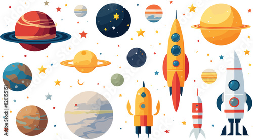 Cartoon space set with planets, rocket and stars. Vector illustration