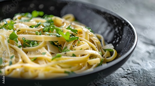 Close-Up of Creamy Pasta Dish with Fresh Herbs and Parmesan Cheese in Black Bowl