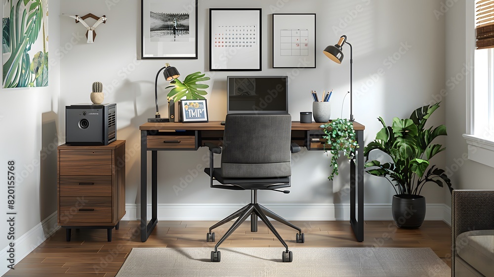 Comfortable and organized home office with desk chair computer and decor creating ideal workspace