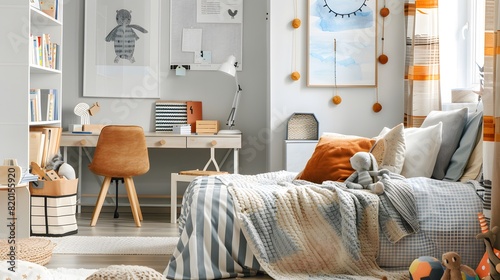 Contemporary Kids Room with Cozy Bedding, Play Area with Toys, Minimalist Decor, Study Desk, Shelving Units, and Neutral Color Palette