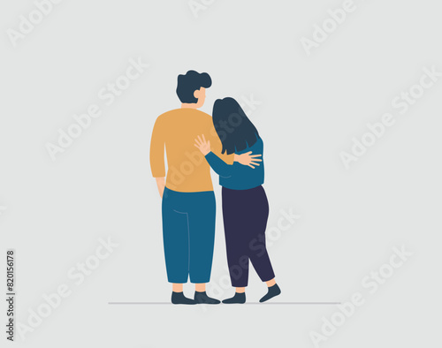 Man and woman in back view hugging and looking forward to the future. Couple or husband and wife embracing each other. Concept of love, friendship, family support and relationship. Vector illustration