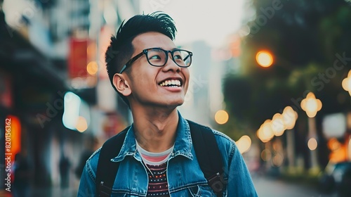 Smiling young Asian man with glasses and a backpack, standing on an urban street at sunset, exuding joy and confidence. photo
