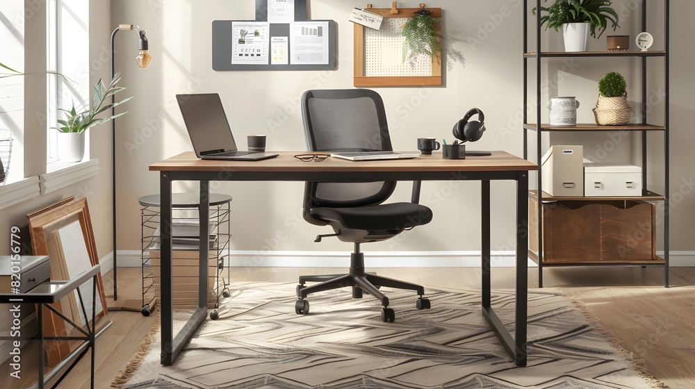 Contemporary Workspace with Ergonomic Chair, Wooden Desk, Laptop, and Organized Shelving in Bright Room Contemporary Workspace with Ergonomic Chair, Wooden Desk, Laptop, and Organized Shelving in Bright Room