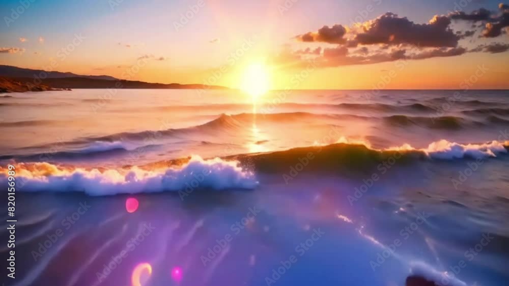 Video animation of tranquil beach scene at sunset. The sun is close to the horizon, casting a warm glow that lights up the scattered clouds.Hd 4K Video animation of tranquil beach scene at sunset. The sun is close to the horizon, casting a warm glow that lights up the scattered clouds.Hd 4K