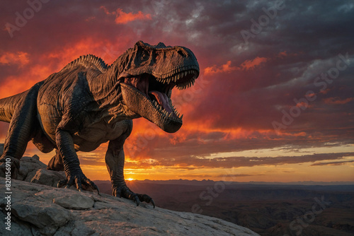 Tyrannosaurus rex roaring atop a rocky cliff  with a blood-red sunset casting long shadows