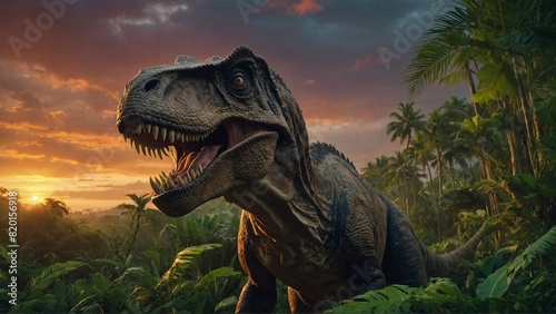 Tyrannosaurus rex mid-roar in a dense jungle  with exotic  oversized plants framing the scene  and a vibrant sunset in the background