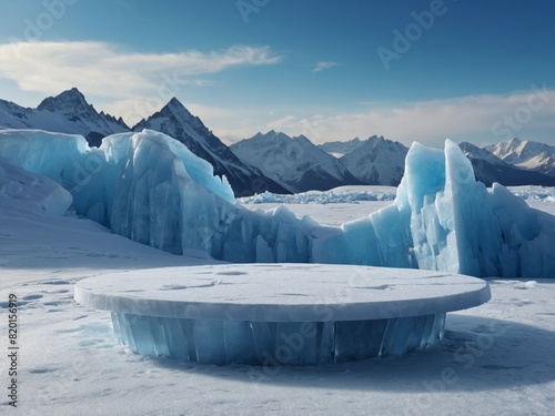 Ice podium background snow winter product platform cold mountain 3D. Podium ice display background cosmetic sky floor blue scene landscape frozen white cool stand pedestal minimal rock glacier nature.