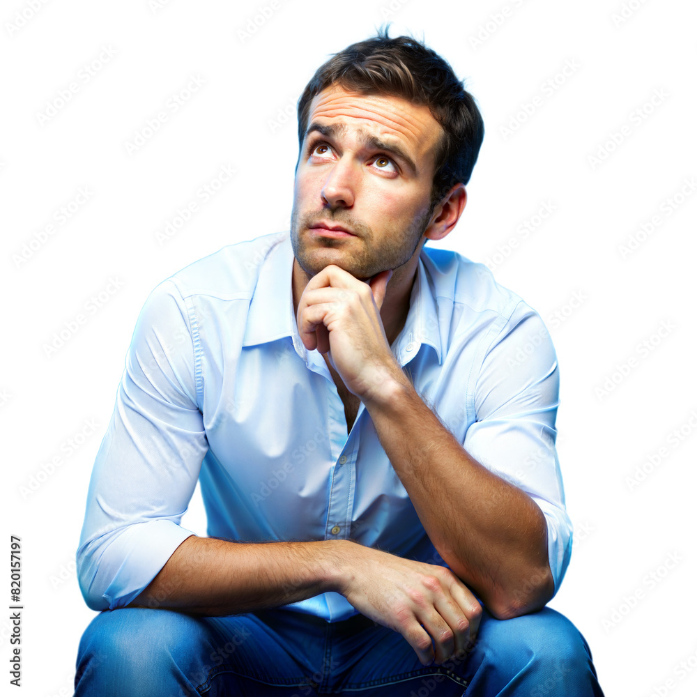 Thoughtful Man Sitting and Looking Up in Studio Lighting Midday Thoughtful Man Sitting and Looking Up in Studio Lighting Midday