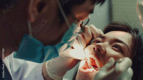 A dentist wearing a mask and gloves examines a patient s teeth using dental tools and a light in a clinical setting.  