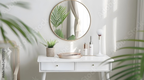 Minimalist Bedroom with White Vanity, Round Mirror, Elegant Decor, Green Plants Creating Fresh and Serene Atmosphere